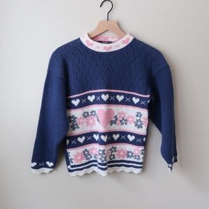 Vintage 90s Y2K Honors Heart Print Knit Navy Blue Sweater 10-12